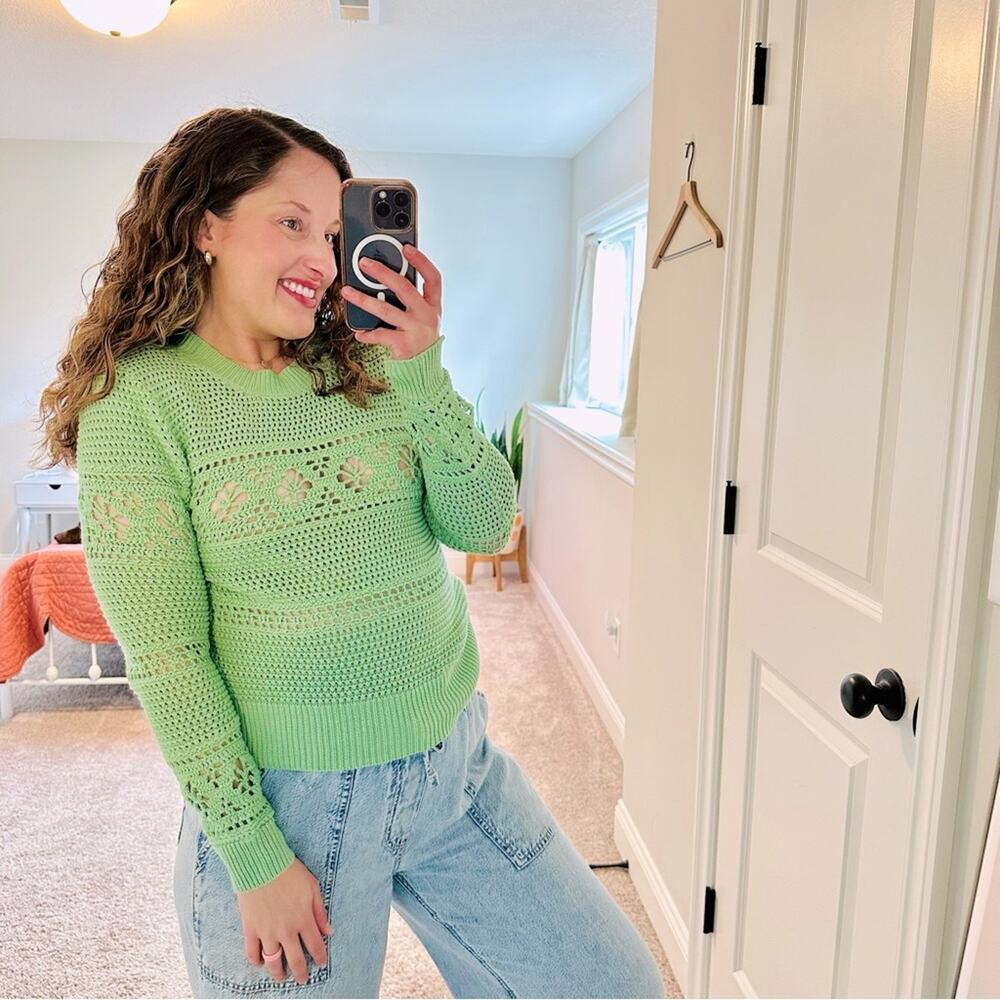 NWT 27 Miles Green Cotton Crochet Crewneck Sweater XS